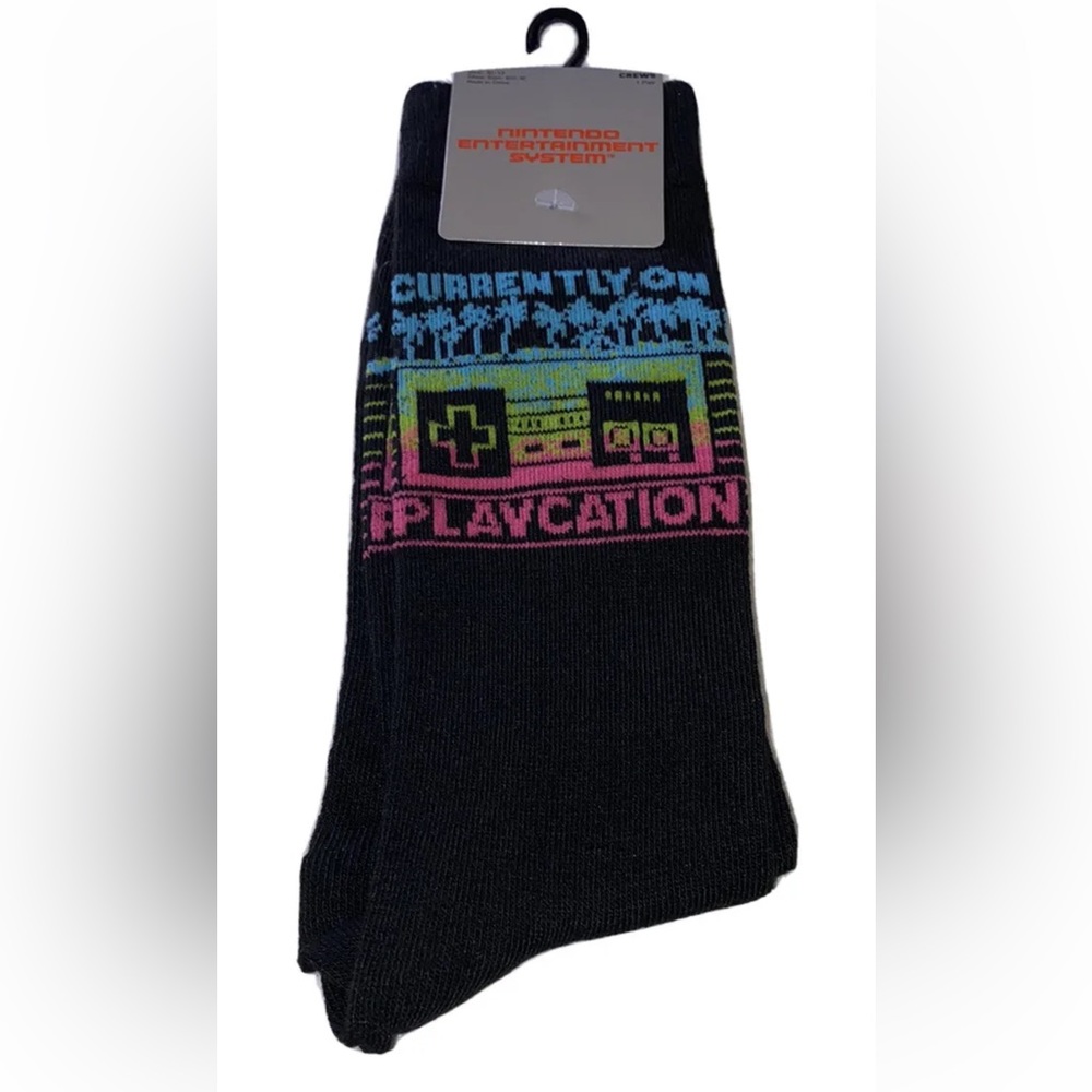Nintendo Crew Socks 1 Pair Men 6.5-12 Black Blue Playcation Logo NES Gamer 8Bit